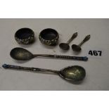 A pair of Russian silver and cloisonne enamel spoons, circa 1900, and a later pair of small salts