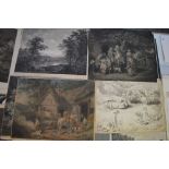 A folio of mainly George Morland prints and lithographs including pages from his sketch book, also