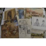 A folio of watercolours, drawings and oils, comprising landscapes, figure studies, coaching scene,