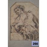 An early 18th century pen and ink portrait of a female figure in classical robes (15 x 12 cm) TO BID