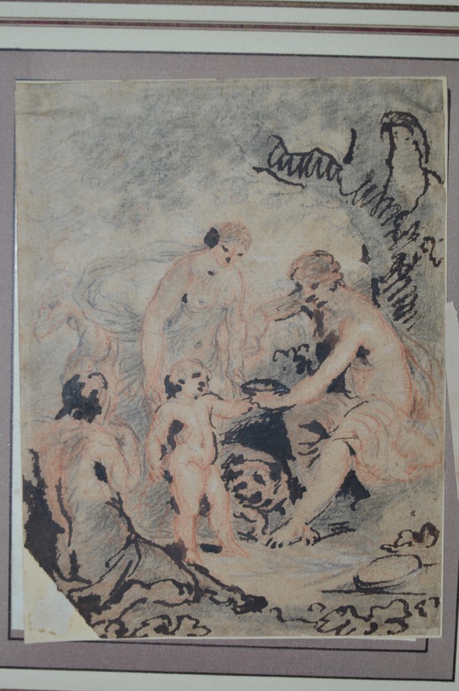 An 18th century pen, pencil and watercolour of Venus with Ceres, Bacchus and Cupid, backing leaf
