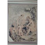 An 18th century pen, pencil and watercolour of Venus with Ceres, Bacchus and Cupid, backing leaf