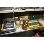 A collection of photograph frames, two wooden pipe stands, dressing table set, an anniversary mantel