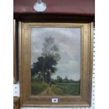 A late 19th century English School oils on canvas, figures on a farm path (40 x 29 cm), framed TO