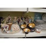 A shelf of china comprising a Paragon 23 piece tea service, a Royal Doulton Burgundy pattern part