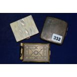 A silver cigarette case with engine-turned decoration, and two compacts, one set with mother-of-