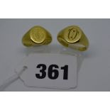 Two 18 ct gold signet rings, engraved with monograms, 16.8 gm TO BID ON THIS LOT AND FOR VIEWING