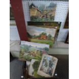 A collection of late 20th century unframed oils and watercolours, mainly rural buildings and