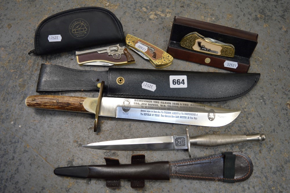 Five collector knives, comprising: an inscribed Alamo Bowie knife by William Needham of Sheffield,