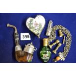 Small items, comprising: a green glass scent bottle, circa 1900, with enamelled decoration for a