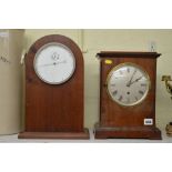 A good English mantel timepiece, circa 1900, with silvered dial in plain mahogany case, 13 in, and