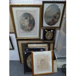 A collection of 14 various antique prints, etc., including late 18th century stipple engravings,