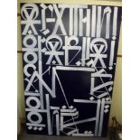 Late 20th/early 21st century modern stylised calligraphy white on deep blue, on canvas (243 x 160