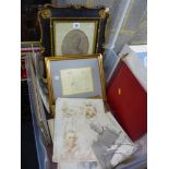 An interesting mixed lot of antique and vintage pencil drawings, some framed, others in albums,