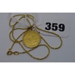 A 1907 22 ct gold half-sovereign, in 9 ct mount on 9 ct rope-twist necklet, 7.6 gm TO BID ON THIS