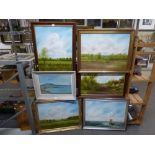 Raymond Price, five oils of rural scenes, all signed, and a seascape, possibly by Price, signed with