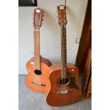A Spanish classical guitar and another [next to back pine shelves] TO BID ON THIS LOT AND FOR