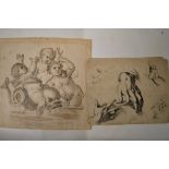 Stefano della Bella, engraving, study of hands, and a pen, pencil and wash drawing of putti with a