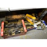 A box of vintage woodworking tools including planes, and drill bits, hammers, etc. plus a wooden