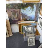 A large selection of various framed and unframed prints, including a large coloured print of an