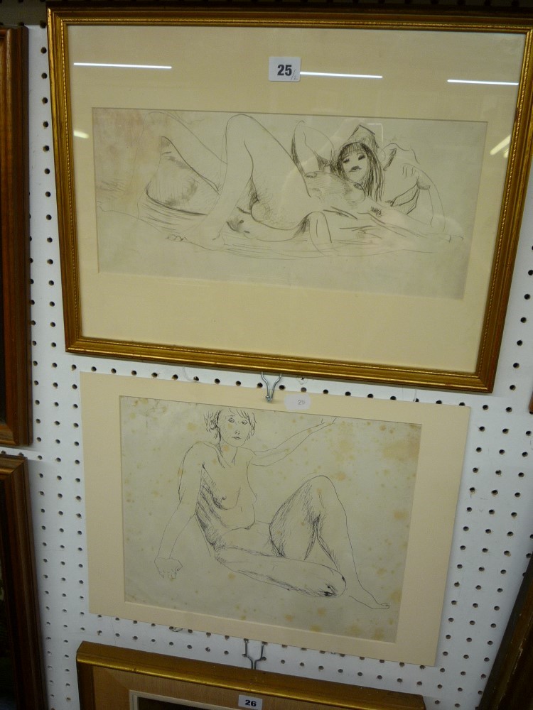 Two modern school pen and ink nude figure studies (largest 30 x 36 cm), one framed (2) TO BID ON