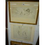 Two modern school pen and ink nude figure studies (largest 30 x 36 cm), one framed (2) TO BID ON