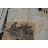 A collection of early 20th century nude figure studies in pencil on detail paper, and a