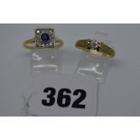A vintage square ring, set with a round sapphire and with pave diamonds, tests as 18 ct gold; and