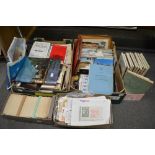 Two cartons and two shoeboxes of interesting ephemera including a large quantity of stamps filed