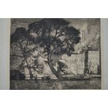 Frank Brangwyn, soft-ground etching, factories by a canal, signed in pencil in the margin (32 x