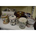 Three Wedgwood mugs, one boxed Prince of Wales 1969 designed by Richard Guyatt, a Masons Imari mug