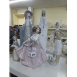 Five Lladro figurines comprising nun in habit, stylish lady in grey cape, girl in pink skirt, girl