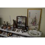 A framed Oriental silk picture of a sage, a small pair of cloisonne vases, two copper jugs and a