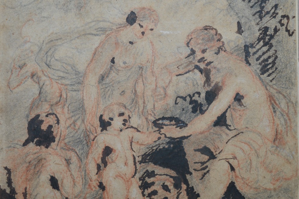 An 18th century pen, pencil and watercolour of Venus with Ceres, Bacchus and Cupid, backing leaf - Image 2 of 2