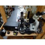 Four students' microscopes including Bresser and Tecnar, cased microscope for minispotters,