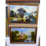 A pair of naïve 19th century reverse glass paintings each showing ruins by a river (each 40 x 60