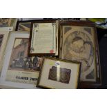 A small selection of framed items including advertising material, a Lawson Wood 'thermometer'