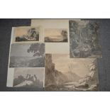 W. Sawry Gilpin, a watercolour en grisaille, figures by a lake, together with five other late 18th-