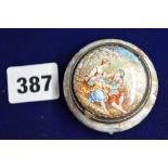 A Vienna enamel circular box, circa 1900, painted with 18th century figure scenes overall, silver-