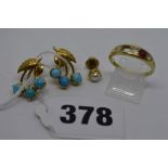 An 18 ct gold, ruby and diamond five-stone ring (lacking one ruby), a pair of turquoise earrings and