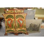 A pretty Art Nouveau fretwork fire screen decorated with cranes and two prints on metal TO BID ON
