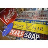 Five advertising signs for Pears' Soap, Coca Cola, Eagle Star in yellow and navy and another in