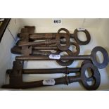 A collection of eight antique large iron keys, 8.9 in and smaller [B] TO BID ON THIS LOT AND FOR