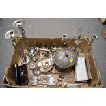 A carton of plated items, including a pair of Mackintosh-style candlesticks, embossed Eastern