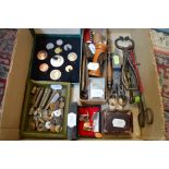 An interesting lot including old candle snuffers, a Victorian pair of hair curlers, sugar tongs,