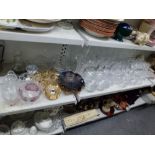 A shelf and a half of good glassware including a set of 11 Royal Doulton cut glass wine glasses, a