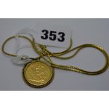 A 1976 22 ct gold sovereign in 9 ct mount on 9 ct flexible necklet, 17.3 gm TO BID ON THIS LOT AND