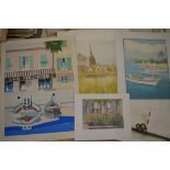 A collection of modern contemporary coloured prints including Richard Beer Breton Village signed