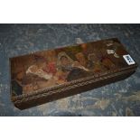A Russian wood box, early 20th century, incised and painted with a wedding scene, signed A. Rack, 31