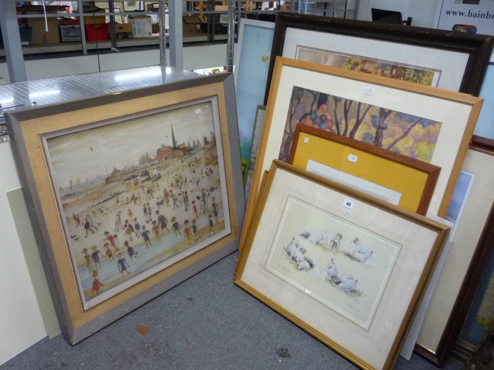 After L.S. Lowry, two coloured prints, together with prints of dogs, two prints after Diego